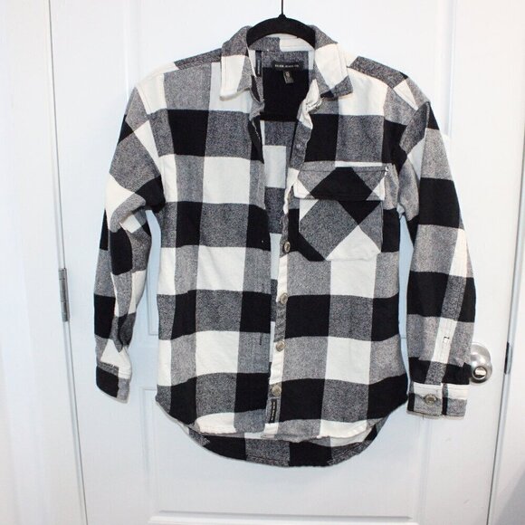 Silver Long Sleeve Button Down Plaid Boyfriend Fit Shacket Size XSMALL - Picture 1 of 3